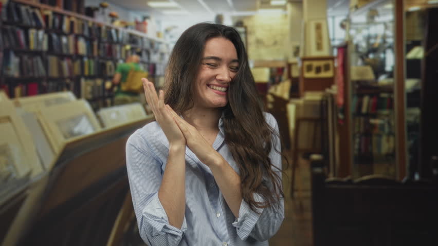 Young woman smiling claps hands in building library aisle filled with wooden shelves and books under warm light; happiness warmth joy.