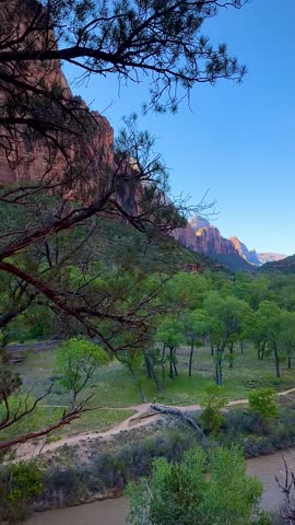 Gleaming River and Orange Mountain at Sunrise (Zion National Park, Utah, USA)