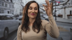 Woman smiling and holding house-shaped keychain outdoors on urban street, capturing joyful real estate concept with blurred car and buildings in background. - Powered by Shutterstock - Get 15% off with code: PIKWIZARD15
