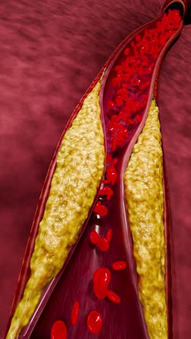Vascular damage, artery clogging, and plaque buildup from junk food, high sugar consumption, processed foods, alcohol abuse, and poor lifestyle choices affecting heart health. 3D Rendering	
