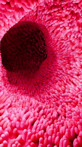 Model of the small intestine in the human body. Microvilli on the surface of digestive system or intestinal tract. anatomy, biology, science, medicine, medical and healthcare concepts. 3D rendering.