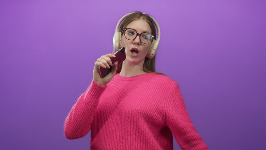 Woman singing into smartphone wearing headphones and pink sweater in purple studio; musical passion.