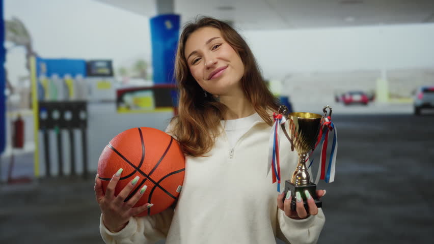 Woman holding basketball and trophy at petrol station outdoor setting showcasing accomplishment and joy for sporting success in casual environment with cars in background