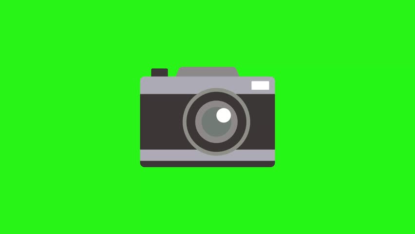 4K animation of vector camera icon taking photo with flash on green screen