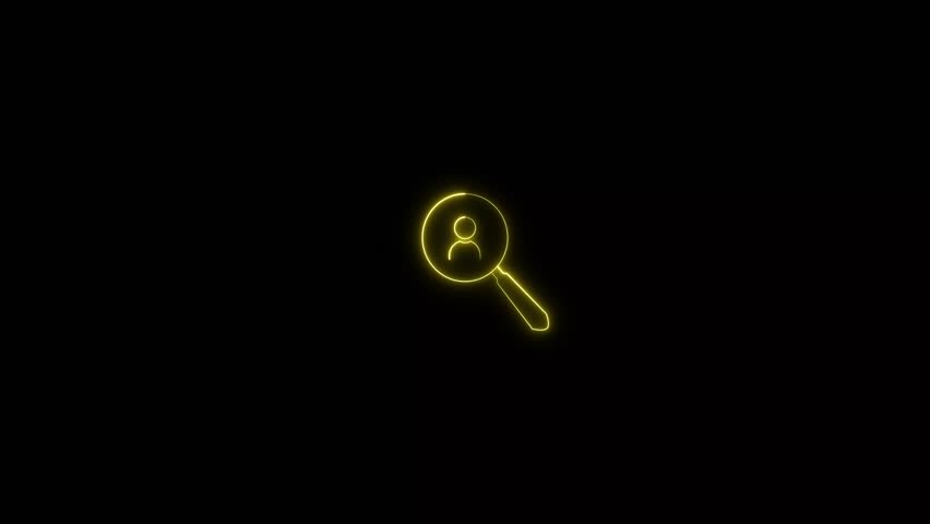Neon search, person, magnifying glasses icon animation. neon line magnifying glass for search job icon on black background.