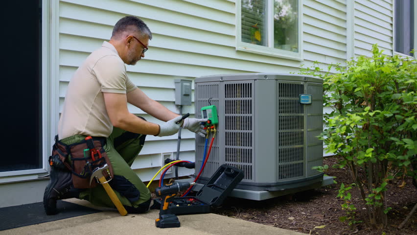 HVAC service worker diagnoses or repairs air conditioner compressor. HVAC Maintenance Service. Wide view