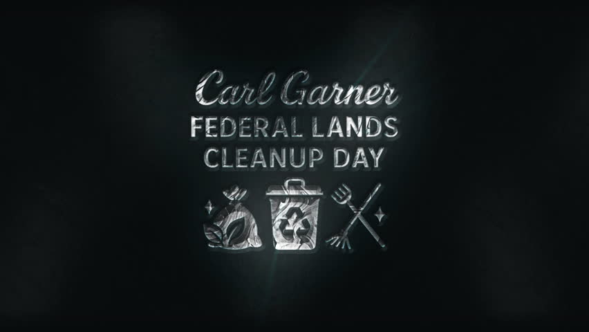 Stylish 3D animated silver metallic text logo for Carl Garner Federal Cleanup Day, featuring eco-friendly icons such as leaves, a recycling bin, and cleanup tools. Ideal for promoting environmental in