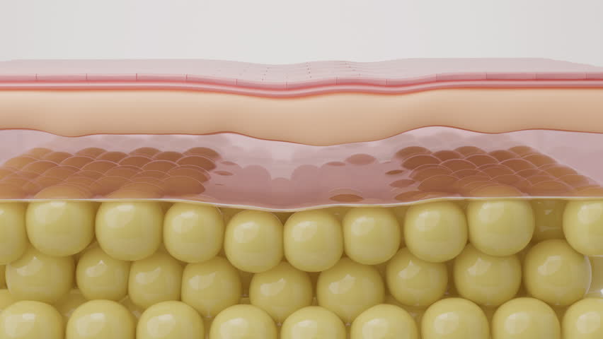 Aging process animation shows hypodermis collapse, causing volume loss and deep wrinkles. Explainer for filler or growth factor treatments. 3D animation