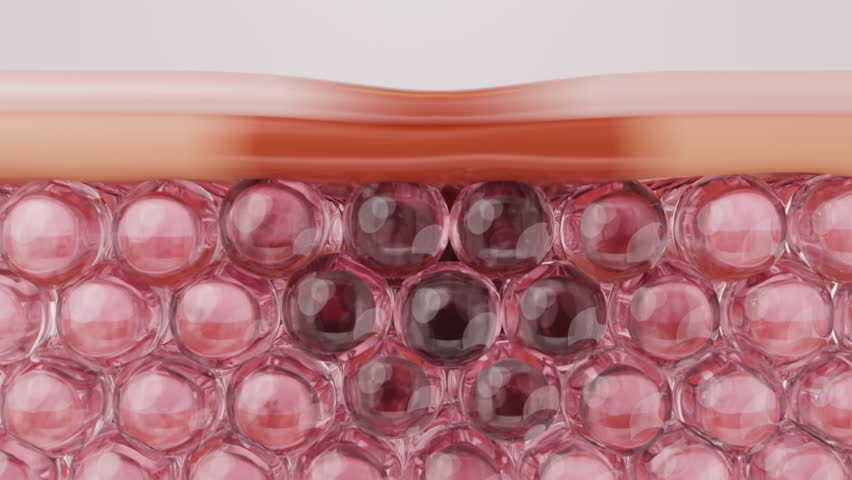 Vitamin C serum drop fades a dark spot on a skin cell from within. Shows effective treatment for hyperpigmentation. For brightening serum ads. 3D animation