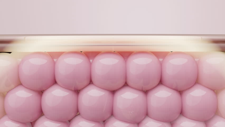 Cell regeneration shown as a light wave expands from deep skin to brighten dull cells. Explainer concept for PDRN and whitening serum ads. 3D animation