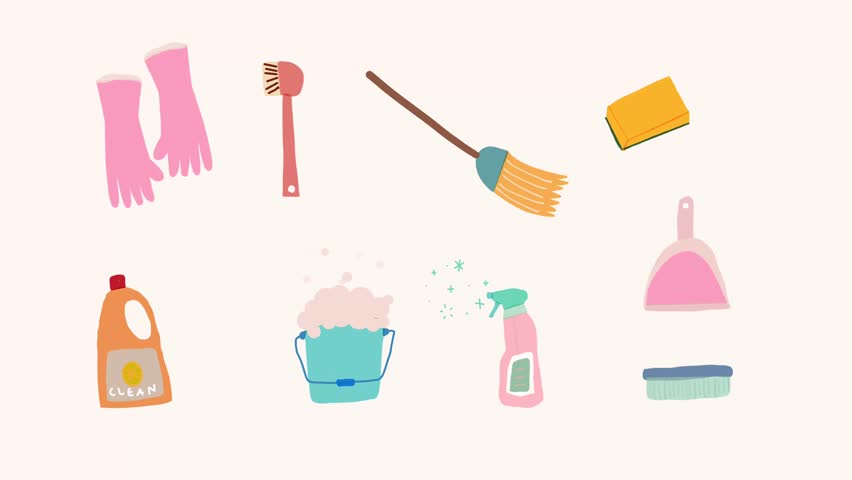 Cute animated cleaning tools in pastel tones including sponge, mop, gloves, broom, and spray bottle.