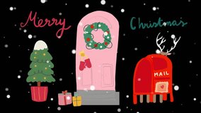 Animated Christmas door scene with tree, mailbox, snow, and holiday decorations - Powered by Shutterstock - Get 15% off with code: PIKWIZARD15
