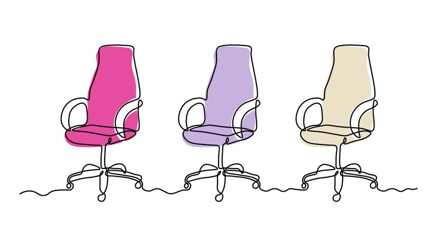 set of three Computer chair, office chair with wheels, Self drawing animation one continuous line draw, logo
