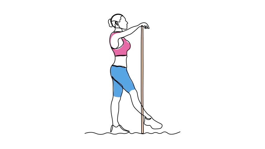 A girl does exercises, gymnastics, Pilates, aerobics lying with gym stick. Self drawing animation one continuous line draw, logo