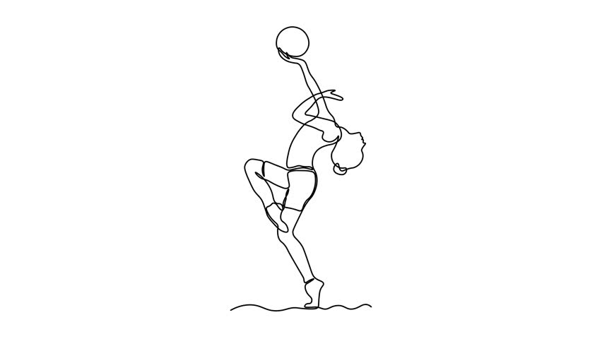 A girl does exercises, gymnastics, Pilates, aerobics gym ball. Self drawing animation one continuous line draw, logo