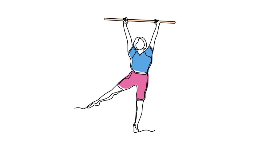 A girl does exercises, gymnastics, Pilates, aerobics lying with gym stick. Self drawing animation one continuous line draw, logo