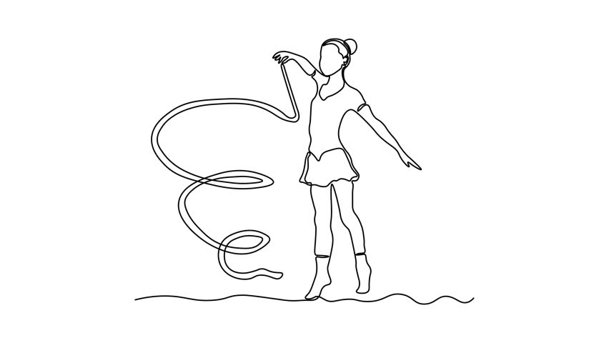 A girl does exercises, gymnastics, Pilates, aerobics with gymnastic ribbon. Self drawing animation one continuous line draw, logo