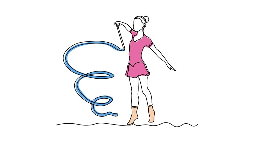 A girl does exercises, gymnastics, Pilates, aerobics with gymnastic ribbon. Self drawing animation one continuous line draw, logo