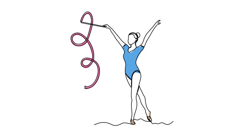 A girl does exercises, gymnastics, Pilates, aerobics with gymnastic ribbon. Self drawing animation one continuous line draw, logo