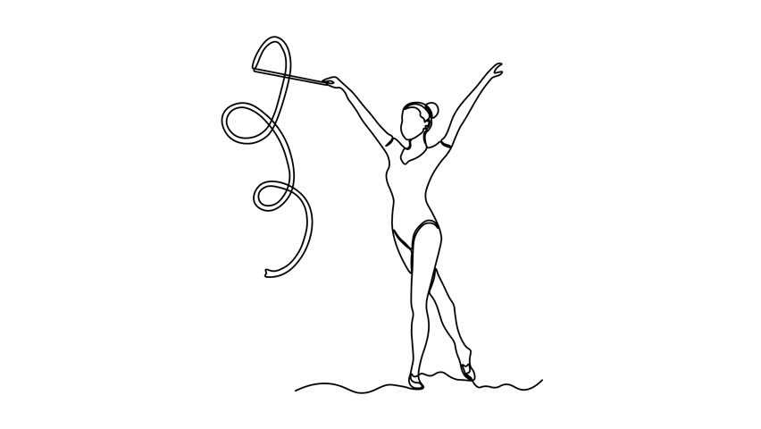 A girl does exercises, gymnastics, Pilates, aerobics with gymnastic ribbon. Self drawing animation one continuous line draw, logo