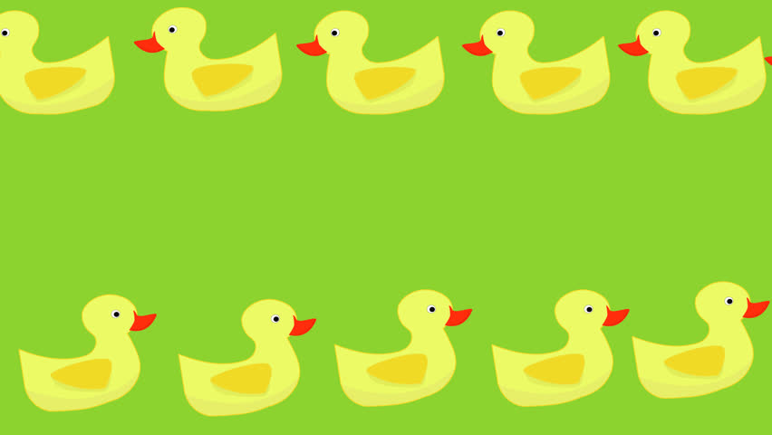 video for yellow toy duck background with red beak on green background, neatly arranged in two rows, simple and bright cartoon style suitable for children.