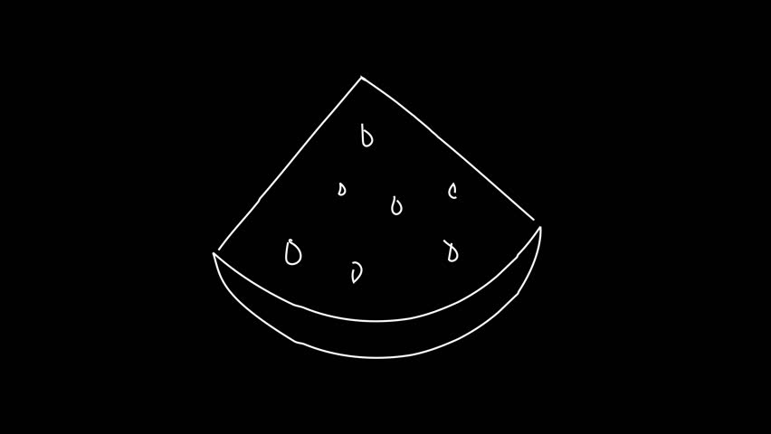 Minimal white outline drawing of a watermelon slice with seeds on a black background. Simple looping animation for summer, fruit, or healthy food themes.