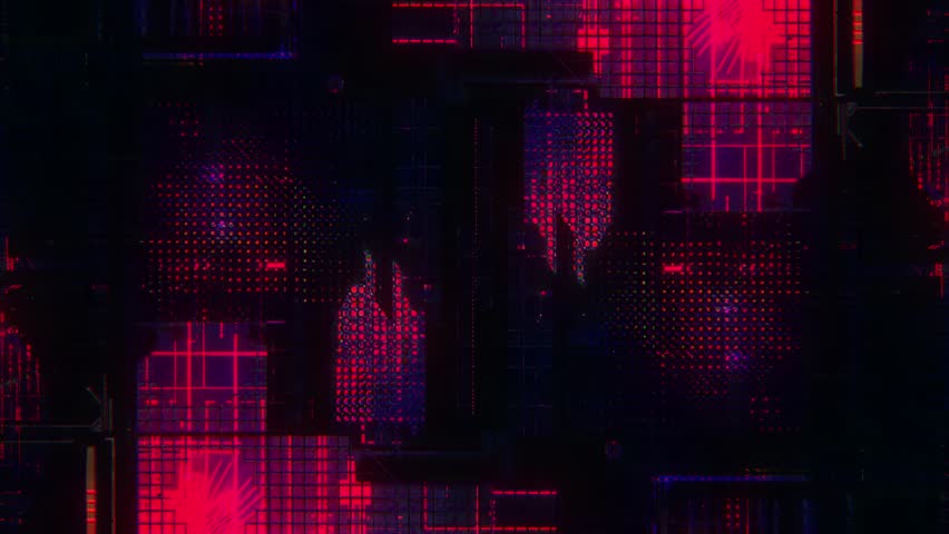 Neon glitch loop featuring abstract grids, pixel textures, cyberpunk aesthetics, and hi-tech overlays. Perfect for looping VJ visuals and motion design.