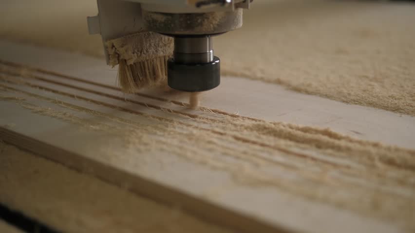 Close-up of a powerful wood carver working with plywood in a carpentry workshop. Smooth movement of the camera around the automatic machine with a brush for cleaning from sawdust.