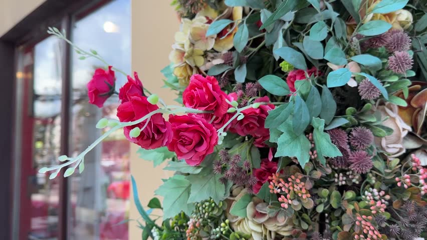 Artificial flowers around the front door. Artificial roses and eucalyptus. Outdoor artificial plant decor