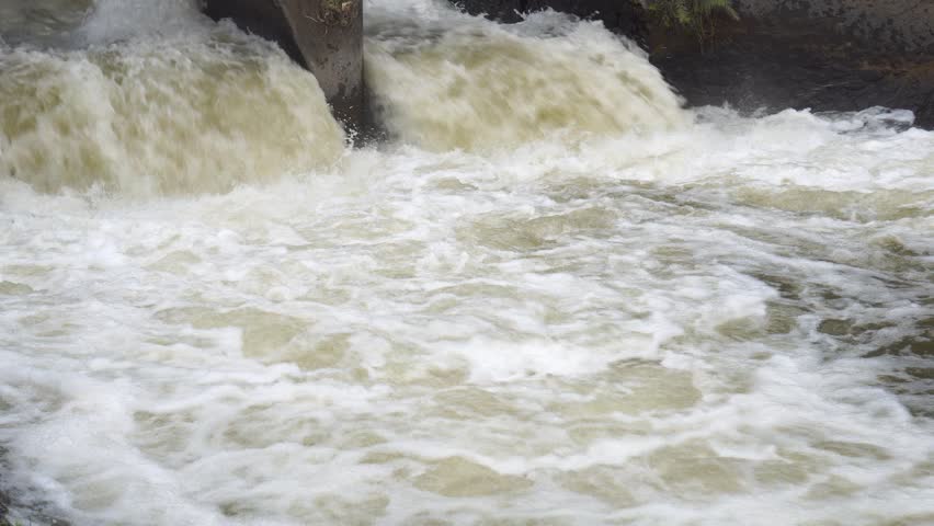 a powerful torrent of water rushing from two concrete sluice gates, creating a churning, foamy river below. The video captures the immense force and energy of the water as it is released.