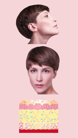 Meso thread Lift. Young female with clean fresh skin. Beautiful woman. face and neck. Lifting by threads concept - 2D animation.