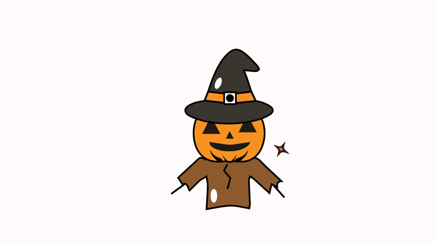 Animated pumpkin-headed scarecrow Flat Halloween icon of a smiling pumpkin-headed scarecrow wearing a black witch hat and tattered brown shirt, perfect for spooky and festive seasonal designs
