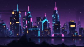 Animated futuristic cityscape with neon lights, skyscrapers, and flying vehicles. Purple and blue color palette, night scene, stylized visuals, and a sense of technological advancement. - Powered by Shutterstock - Get 15% off with code: PIKWIZARD15