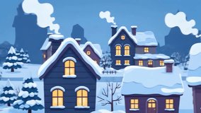Animated winter village scene. Snow-covered houses with warm lights, smoke from chimneys, and a snowy landscape. Cartoon style, peaceful, and festive. - Powered by Shutterstock - Get 15% off with code: PIKWIZARD15