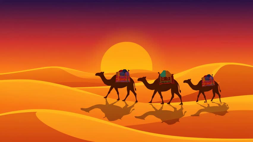 Animated illustration of a camel caravan crossing a desert landscape at sunset. Warm colors, stylized dunes, and camel silhouettes create a serene scene.