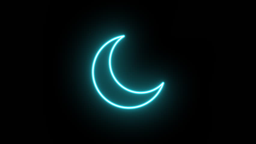 Neon crescent icon animation, color flicker. Glowing neon crescent moon icon, looped color blink animation. Half moon, magic dream, night sleep time, moon phase. 3 colors
