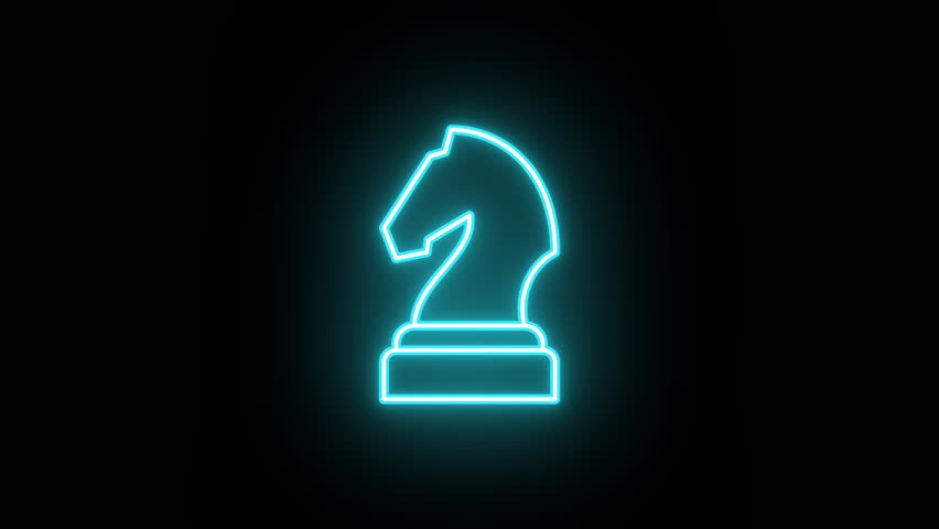Neon chess knight icon animation, color flicker. Glowing neon game knight icon, looped color blink animation. Chess horse piece, chess game, horse figurine, business strategy. 3 colors