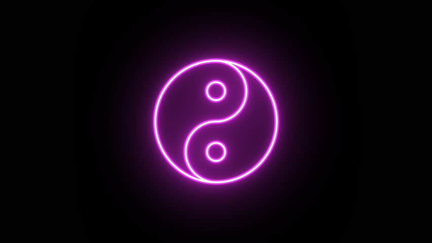 Neon Yin Yang sign animation, color flicker. Glowing neon Yin Yang icon, looped color blink animation. Buddhism philosophy, energy balance, zen harmony, meditation, karma power. 4 colors