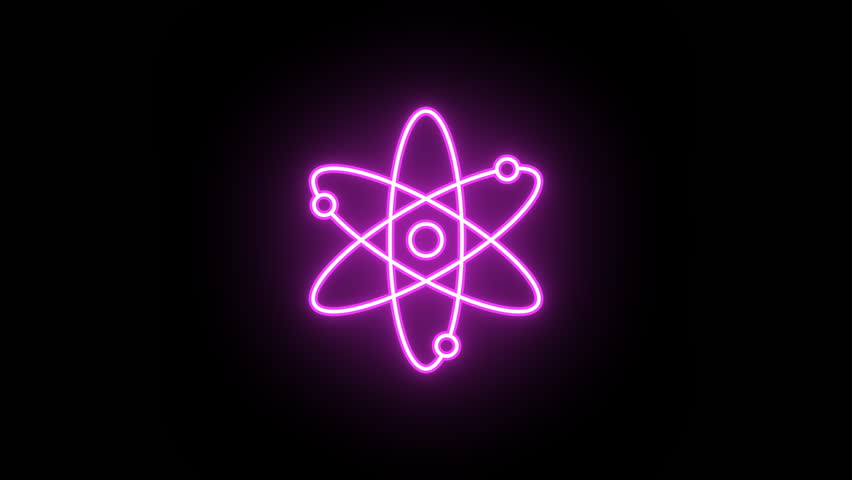 Neon atom icon animation, color flicker. Glowing neon atom model icon, looped color blink animation. Atomic core structure, nuclear energy, science research, education. 4 colors