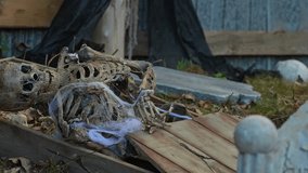 Human skeleton in wooden coffin. Cemetery and skeleton in the ground close up. Human remains, skull, ribs and hands bones of skeleton in the ground tomb: Uxbridge, Ontario, Canada - October 7, 2024 - Powered by Shutterstock - Get 15% off with code: PIKWIZARD15