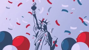 A festive celebration scene featuring the Statue of Liberty surrounded by helium balloons decorated with the United States flag design, vibrant red, white, and blue colors, patriotic stars and stripes - Powered by Shutterstock - Get 15% off with code: PIKWIZARD15