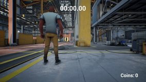 Experience the thrill of the chase with this dynamic animation! A stylized character sprints through an industrial warehouse, racing against the clock in a vibrant, action-packed scene. - Powered by Shutterstock - Get 15% off with code: PIKWIZARD15