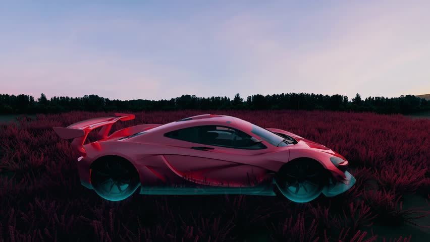 futuristic, car, scan, scanning, transparent, x-ray, sunset, field, digital, neon, concept, sci-fi, render, 3D, technology, overlay, glow, abstract, landscape, sports car, innovation, modern, red, blu