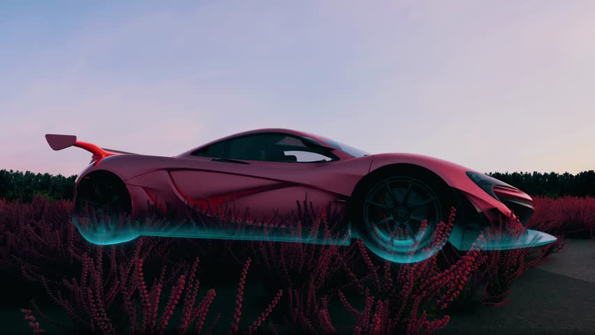 futuristic, car, scan, scanning, transparent, x-ray, sunset, field, digital, neon, concept, sci-fi, render, 3D, technology, overlay, glow, abstract, landscape, sports car, innovation, modern, red, blu