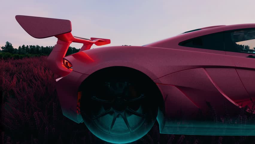 futuristic, car, scan, scanning, transparent, x-ray, sunset, field, digital, neon, concept, sci-fi, render, 3D, technology, overlay, glow, abstract, landscape, sports car, innovation, modern, red, blu