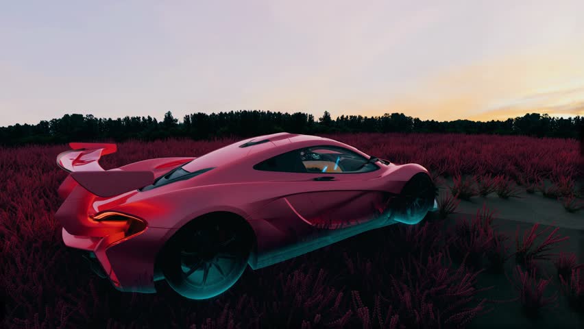 futuristic, car, scan, scanning, transparent, x-ray, sunset, field, digital, neon, concept, sci-fi, render, 3D, technology, overlay, glow, abstract, landscape, sports car, innovation, modern, red, blu