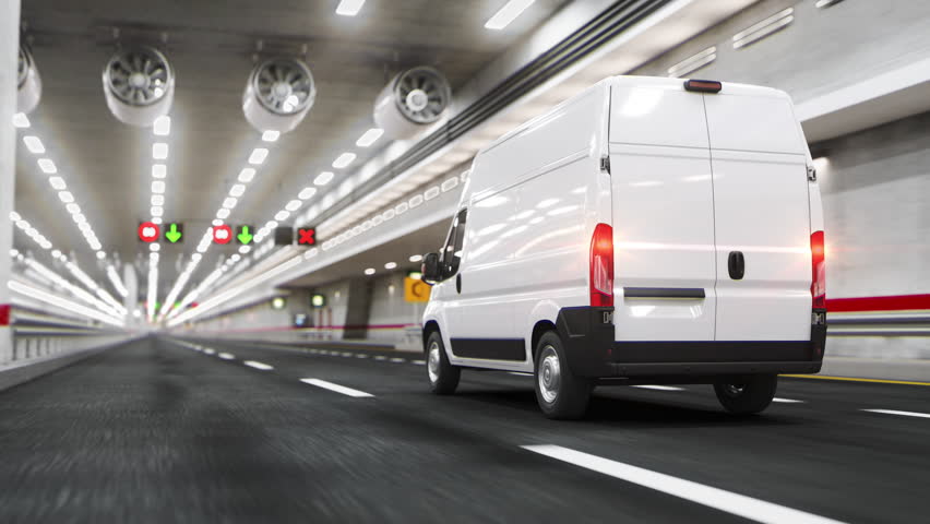 Delivery van moving inside of tunnel. Looped seamless 3d video animation
