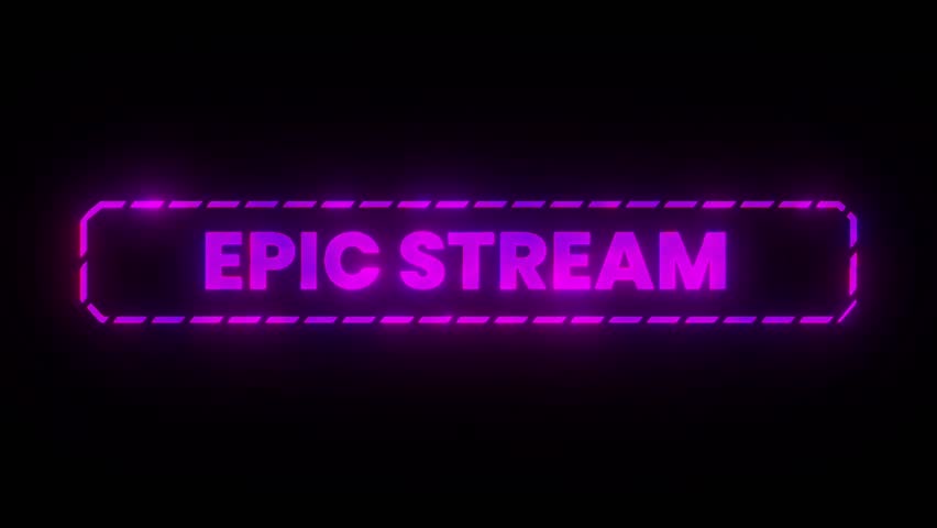Glowing pink neon text "EPIC STREAM" with a dashed border on a dark background, perfect for gaming, live streaming, or online events.