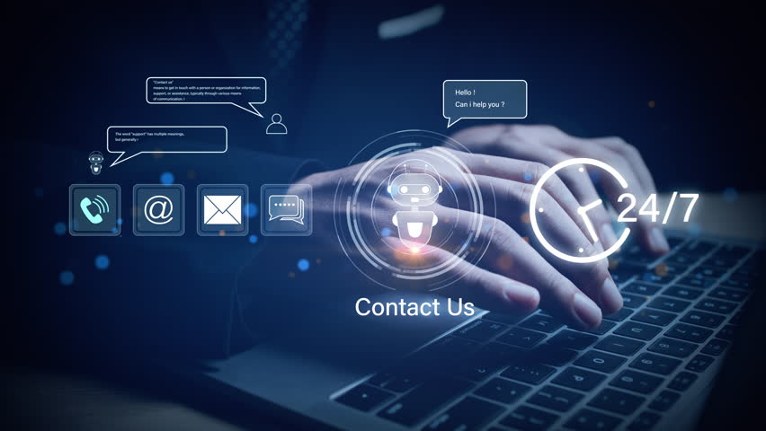 Modern 24 hours 7 days customer service concept with chatbot, email, phone, and live chat icons, representing business communication and support.