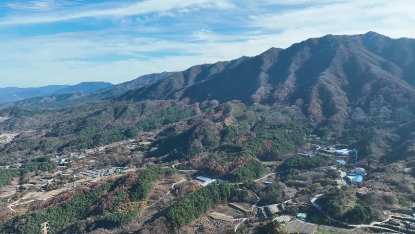 Aerial view of mountains and rural village in late autumn, Hamyang, South Korea